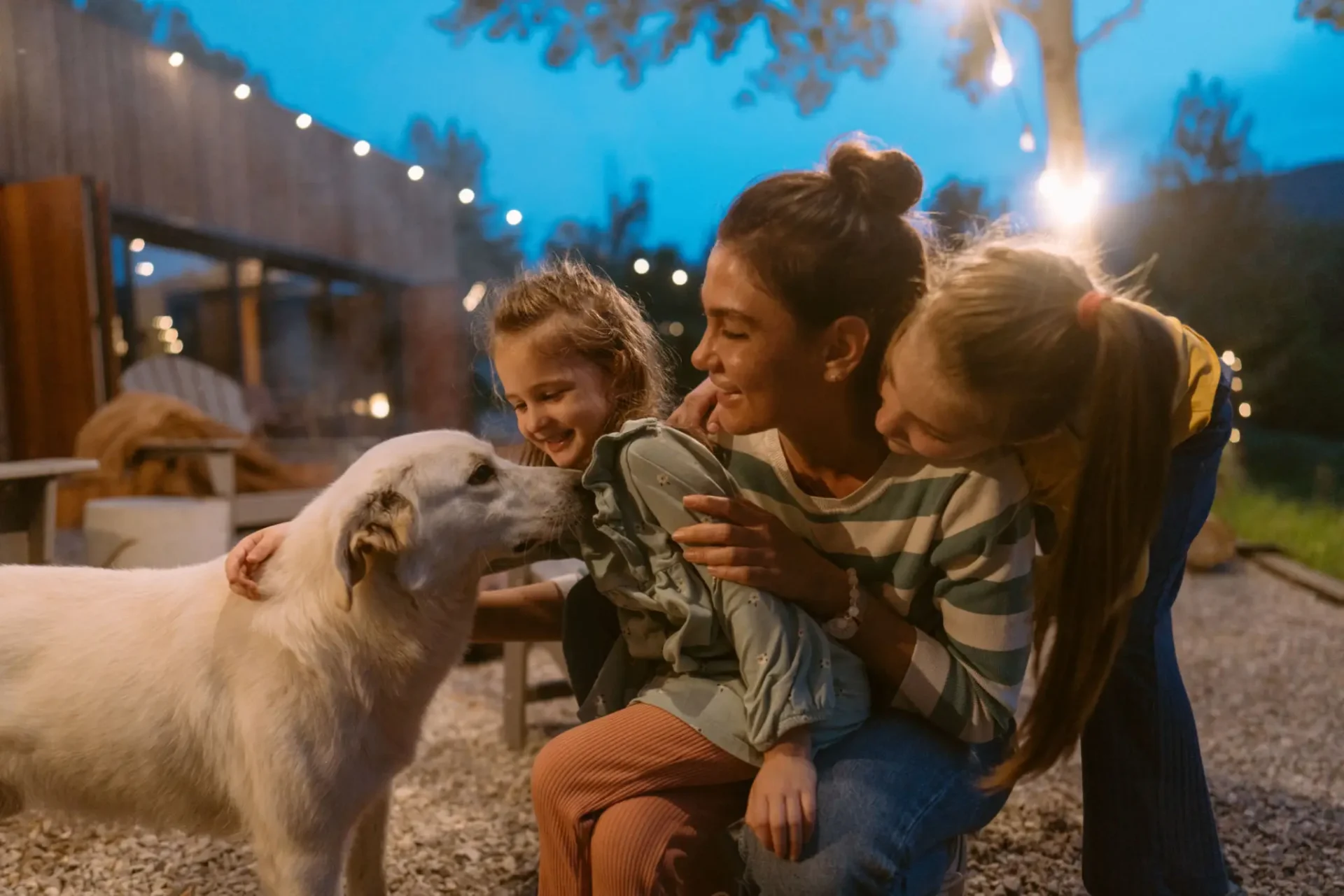 Three children happily petting a friendly dog outdoors at dusk.